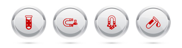 集DNA研究、搜索、客户吸引、金钱磁石和试管滴血为一体。银圈按钮。向量图片下载
