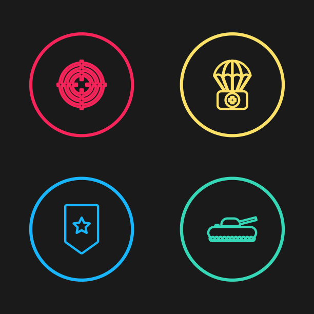 设置线雪佛龙，军事坦克，降落伞与急救箱和目标运动图标。向量图片下载