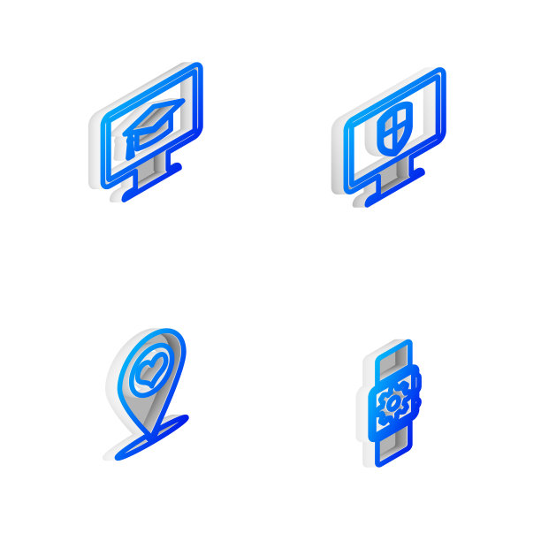 设置等距线显示器和屏蔽，带刻度帽，地图指针心和智能手表设置图标。向量图片下载