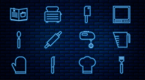 设置线叉子，量杯，剁肉机，擀面杖，勺子，烹饪书，电动搅拌机和烤面包图标。向量图片下载