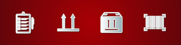 设置送货清单验证，此面朝上，带有交通和条形码图标的纸箱。向量图片下载