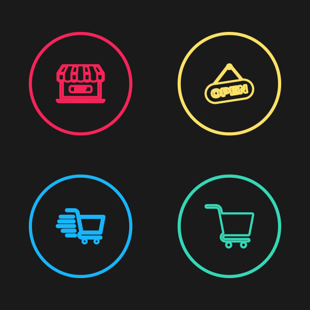 设置在线购物车，，悬挂标志与开放的门和网上购物图标。向量图片下载