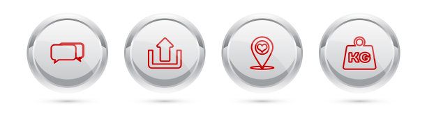 设置线聊天，上传，地图指针与心脏和重量。银圈按钮。向量图片下载