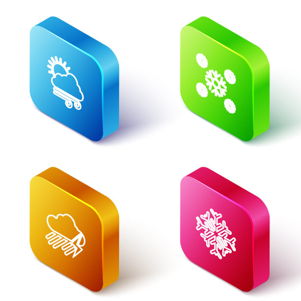 设置等距线风天气，雪，云与雨和闪电和雪花图标。向量图片下载