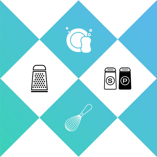 设置刨丝器，厨房打蛋器，洗盘子和盐和胡椒图标。向量图片下载