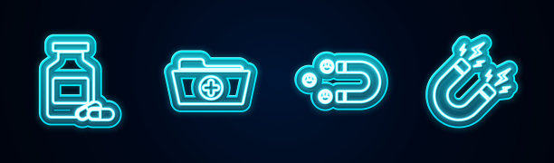 集药瓶、药丸、健康档案、吸引客户、闪电磁铁于一体。发光的霓虹灯图标。向量图片下载