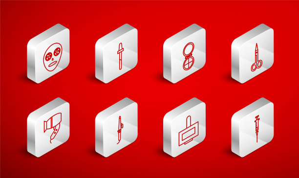 设置线注射器，移液器，化妆粉镜，剪刀，指甲油瓶，面部化妆品面具，卷发器和吹风机图标。向量图片下载