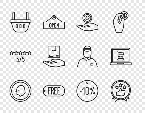 设置线硬币钱，消费者或客户的产品评级，手握硬币，价格标签与文字免费，购物篮，送货手盒，十折和购物车笔记本电脑图标。向量图片下载