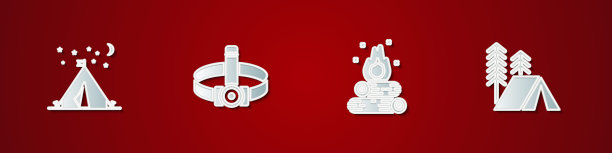 设置旅游帐篷与旗帜，头手电筒，营火和图标。向量图片下载