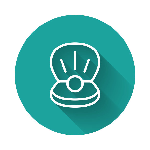 白线自然开放的贝壳与珍珠图标隔离与长阴影背景。扇贝贝壳。海贝的迹象。绿色圆圈按钮。向量图片下载