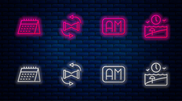 旧沙漏，早晨时间，日历和假期。砖墙上闪烁的霓虹灯图标。向量图片下载