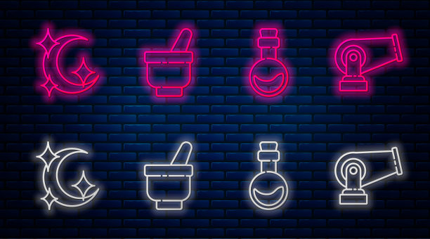 设置魔术臼和杵，爱情药水瓶，月亮，星星和大炮。砖墙上闪烁的霓虹灯图标。向量图片下载