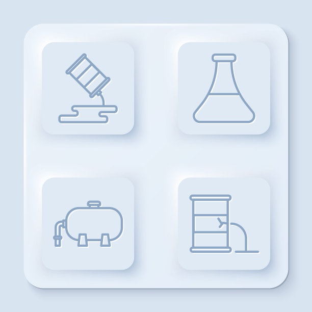 设置桶漏油线、石油汽油试管、石油工业厂房及桶漏油线。白色正方形按钮。向量图片下载