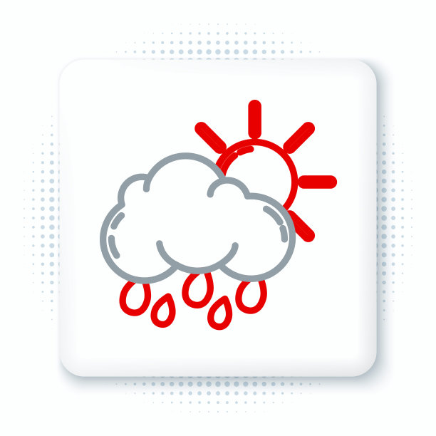 线云与雨和太阳图标孤立在白色背景上。雨云以雨滴降水。色彩斑斓的轮廓的概念。向量图片下载