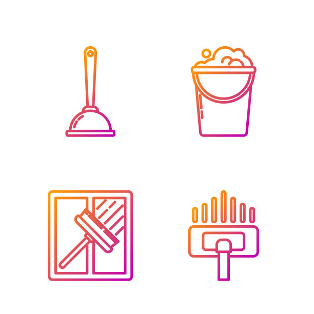 集吸尘器、刮板、刮板、刮水器、马桶柱塞、带泡沫和气泡的水桶于一体。渐变颜色图标。向量图片下载