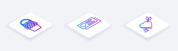 花篮，心形票，心形箭的爱情符号。白色正方形按钮。向量图片下载