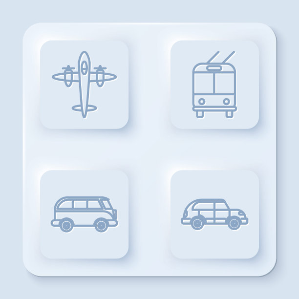 老式复古飞机，无轨电车，复古面包车和掀背车。白色正方形按钮。向量图片下载