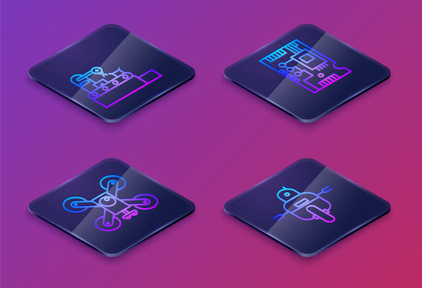 工厂输送系统皮带，无人机飞行带动作相机，电子计算机部件主板数字芯片和机器人。蓝色方块按钮。向量图片下载