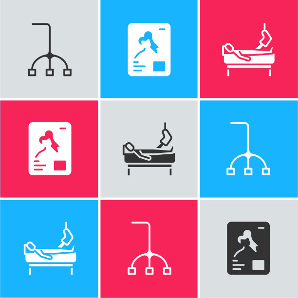 设置手杖、x光片和断腿病人图标。向量图片下载