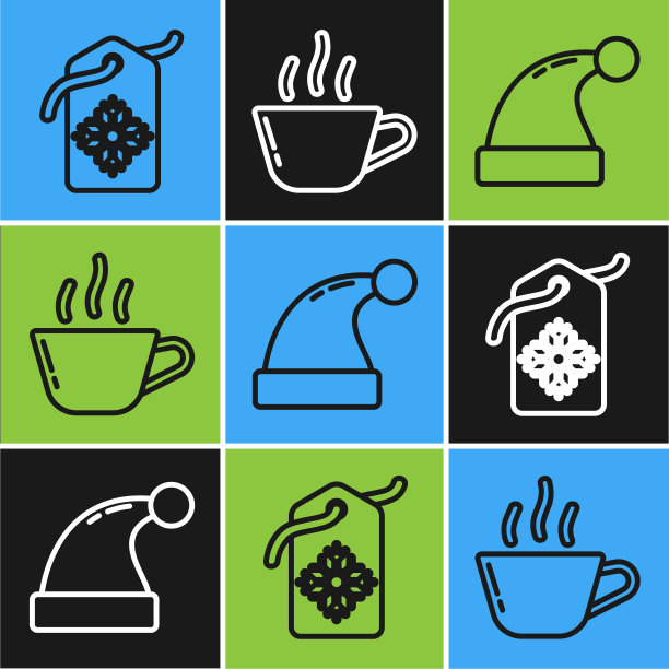 设置一行价格标签与题词销售，圣诞老人的帽子和咖啡杯的图标。向量图片下载