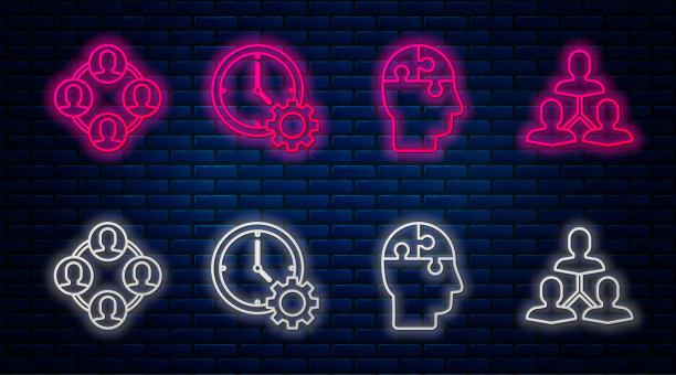 设置线上时间管理，人头拼图策略，项目团队基地和项目团队基地。砖墙上闪烁的霓虹灯图标。向量图片下载