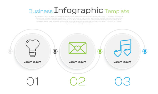 定线心形灯泡，信封与情人节的心和音乐笔记，音调与心。业务信息模板。向量图片下载