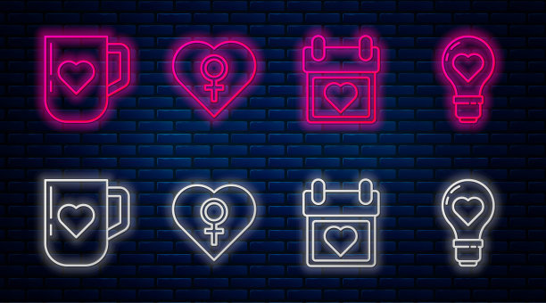 心与女性，日历与心，咖啡杯和心和心形状的灯泡。砖墙上闪烁的霓虹灯图标。向量图片下载