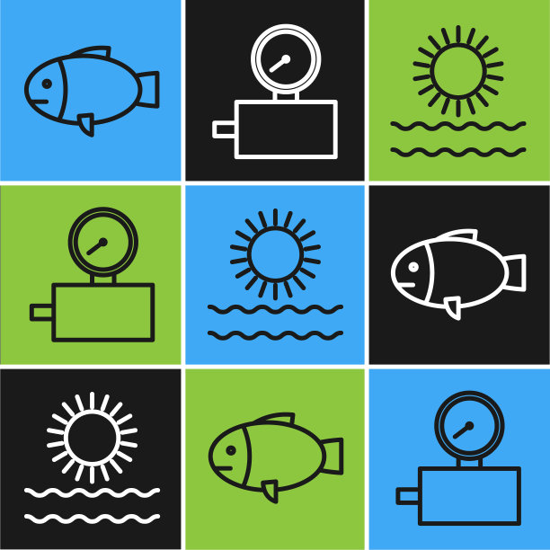 设置鱼线，太阳和波浪和标尺刻度图标。向量图片下载
