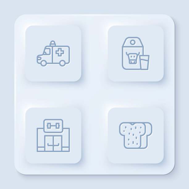 设置救护车和急救车，牛奶包装，健身房和吐司面包。白色正方形按钮。向量图片下载