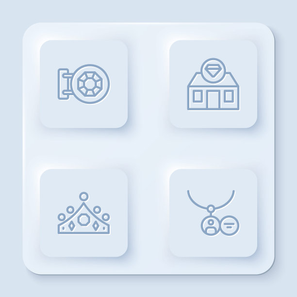 设置行珠宝店，，国王皇冠和吊坠项链。白色正方形按钮。向量图片下载