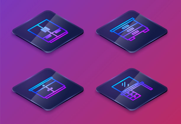 设置等距线衣柜，家具床头柜，电视桌。蓝色方块按钮。向量图片下载