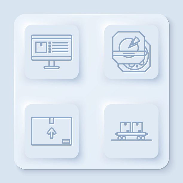 电脑显示器与应用程序递送跟踪，披萨在纸盒，纸盒交通标志和铁路车厢。白色正方形按钮。向量图片下载