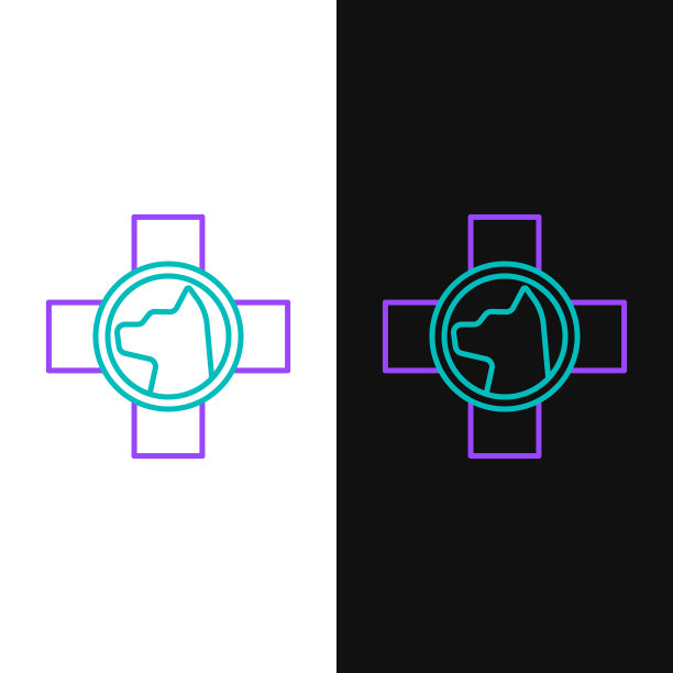 线兽医诊所符号图标孤立在白色和黑色背景。与兽医狗杂交。宠物急救标志。色彩斑斓的轮廓的概念。向量图片下载