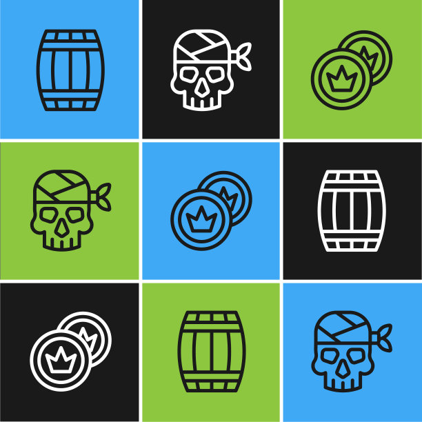 木桶，海盗硬币和船长图标。向量图片下载