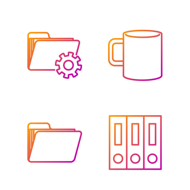 办公室文件夹与文件，文件文件夹，文件夹设置与齿轮和咖啡杯平。渐变颜色图标。向量图片下载