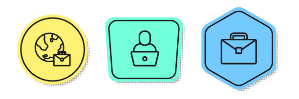 设置线上工作，自由职业者和公文包。颜色的形状。向量图片下载