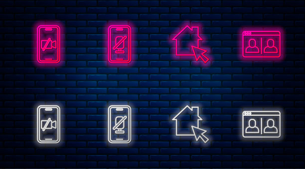 设置手机静音麦克风、在线工作、关闭摄像头和聊天会议。砖墙上闪烁的霓虹灯图标。向量图片下载