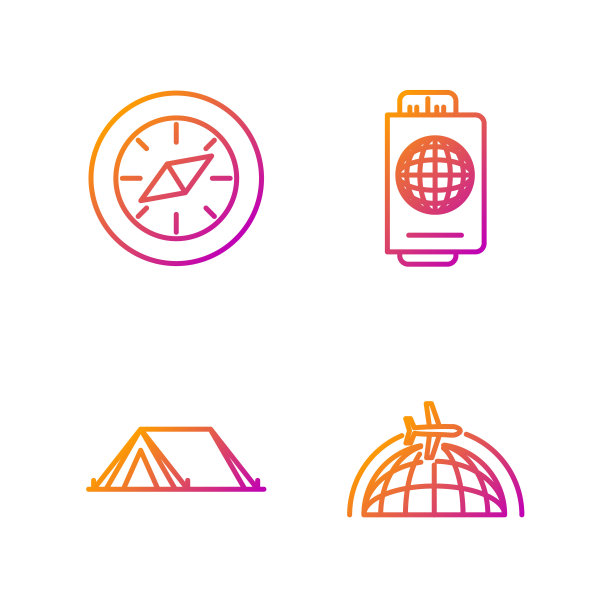 集飞行飞机、旅游帐篷、指南针、护照、机票于一体。渐变颜色图标。向量图片下载