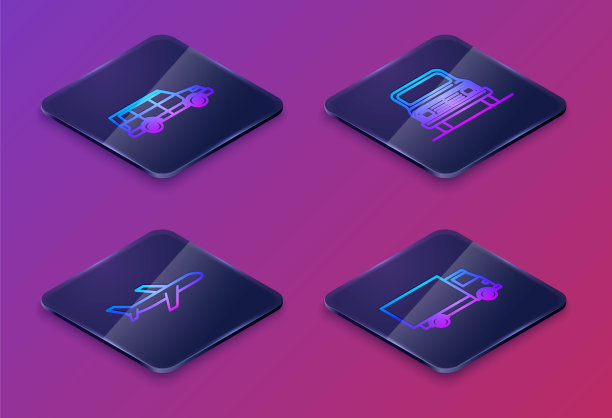 设置等距线越野汽车，飞机，汽车和货运卡车车辆。蓝色方块按钮。向量图片下载