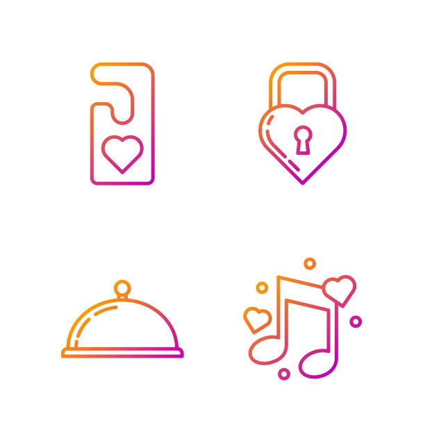 音乐的音符，心的音调，覆盖着一盘食物，请不要打扰心和城堡的形状心。渐变颜色图标。向量图片下载