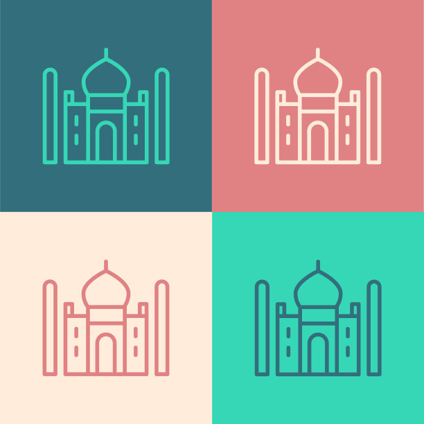 波普艺术行泰姬陵在印度阿格拉，以色彩为背景孤立起来。向量图片下载