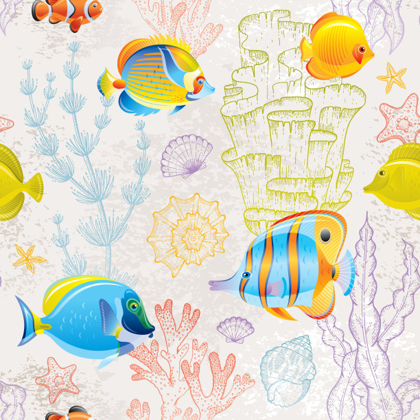 鱼无缝模式。热带海洋矢量背景。水彩的海洋。水下动物的设计。珊瑚礁鱼可爱的卡通插画。蓝色夏季海洋印花。深水壁纸图片下载