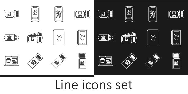 线路博物馆门票，城市地图信息图，在线翻译，火车，封面书旅游指南和手机图标。向量图片下载