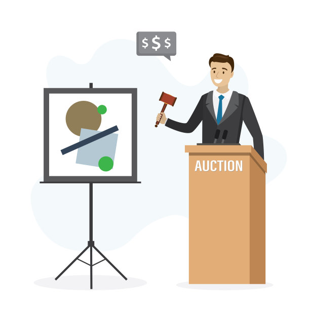 拍卖中,概念的横幅。漫画男拍卖师出售艺术品。英俊的交易员拿着小木槌。出售稀有艺术品。公共事件。图片下载
