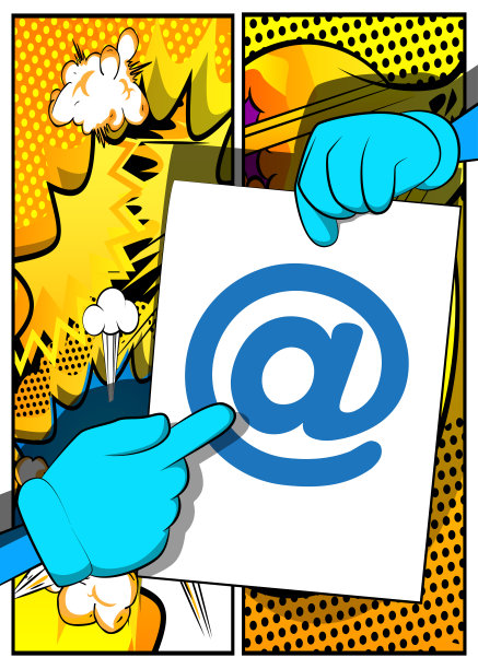 手举有At标志，E-Mail，邮件网络符号的横幅。图片下载
