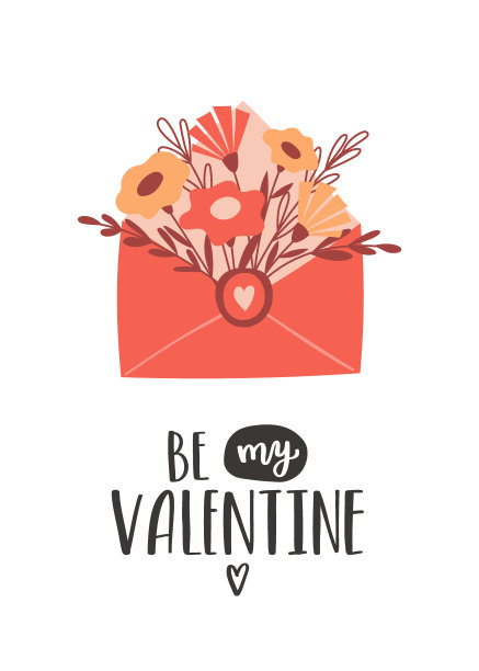一张明信片，一个信封，一束简单的鲜花和手写的句子——做我的情人。象征着爱，浪漫，情人节。白色背景上的颜色向量插图图片下载