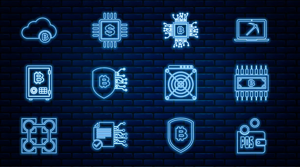 设置线路权益证明，加密货币比特币与电路，CPU挖矿场，盾，云，ASIC矿机和处理器芯片美元图标。向量图片下载