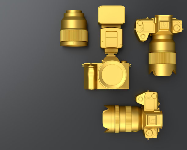 设计师工作空间和摄影装备在黑色桌子背景的俯视图图片下载