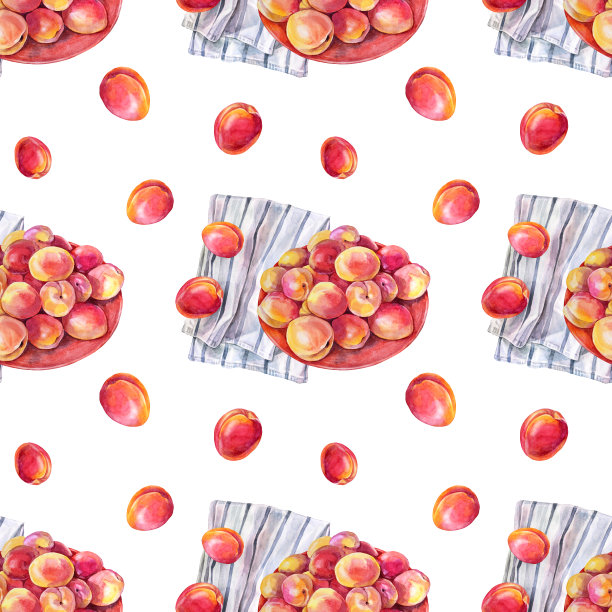 无缝图案水彩杏子或桃与毛巾孤立在白色背景盘子。红色、黄色、橙色手绘水果。夏季甜食。艺术菜单邀请卡咖啡馆图片下载
