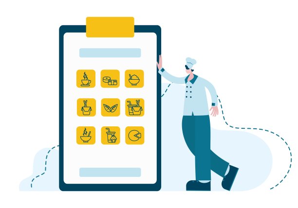 厨师指着菜单上菜肴的图标。概念网咖啡厅、餐厅、餐饮。图片下载